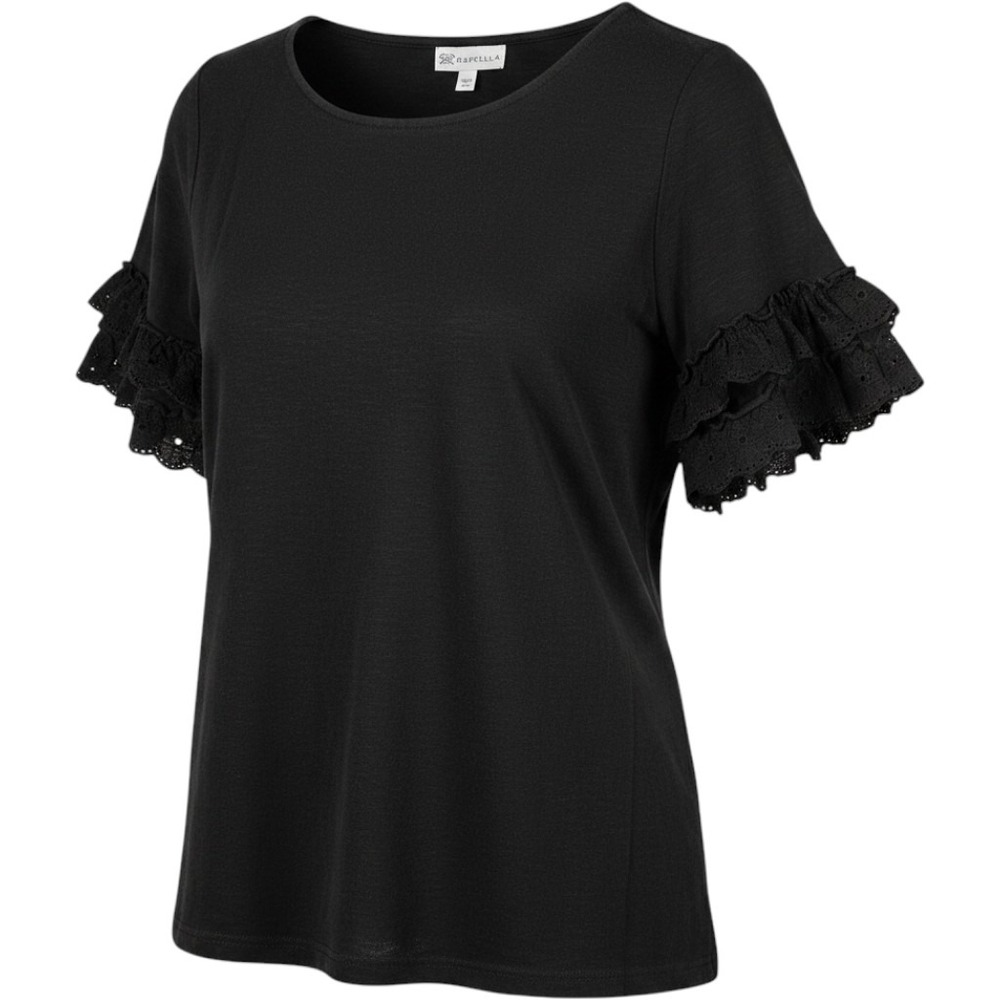 M RAFAELLA top black scoop neck short sleeve top cotton rayon crochet lace tiers